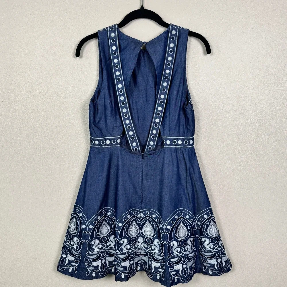 J.O.A Embroidered Denim Dress Open Back Boho Fit Flare Mini S